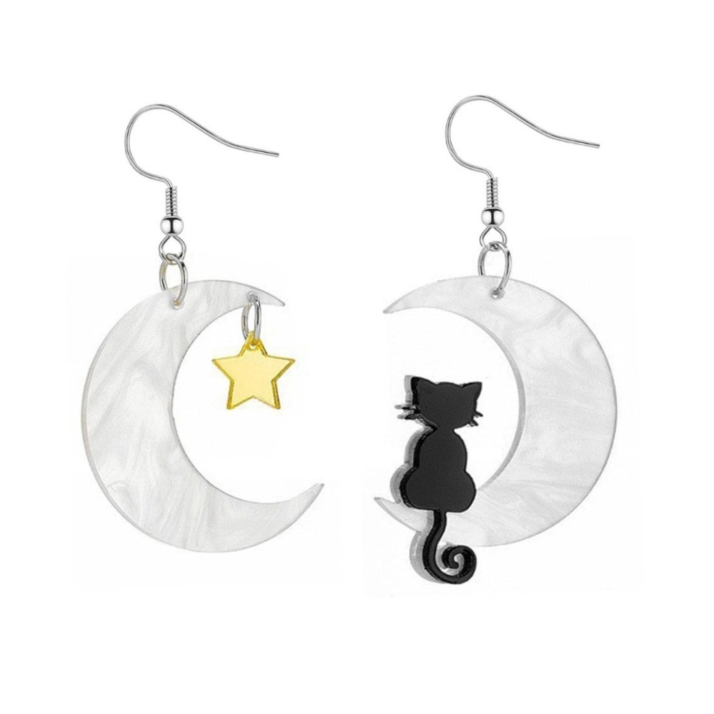 Black Cat & Star on the Moon Halloween White Earrings Asymmetrical Acrylic